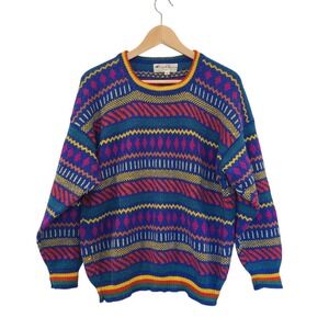 Vintage 100% Alpaca Pullover Crew Neck Sweater Colorful Geometric 80s Cosby